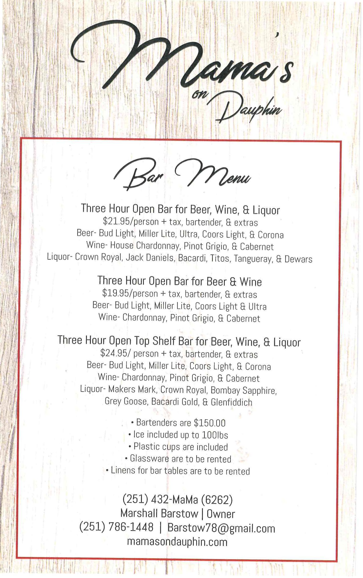 Bar Pricing Menu