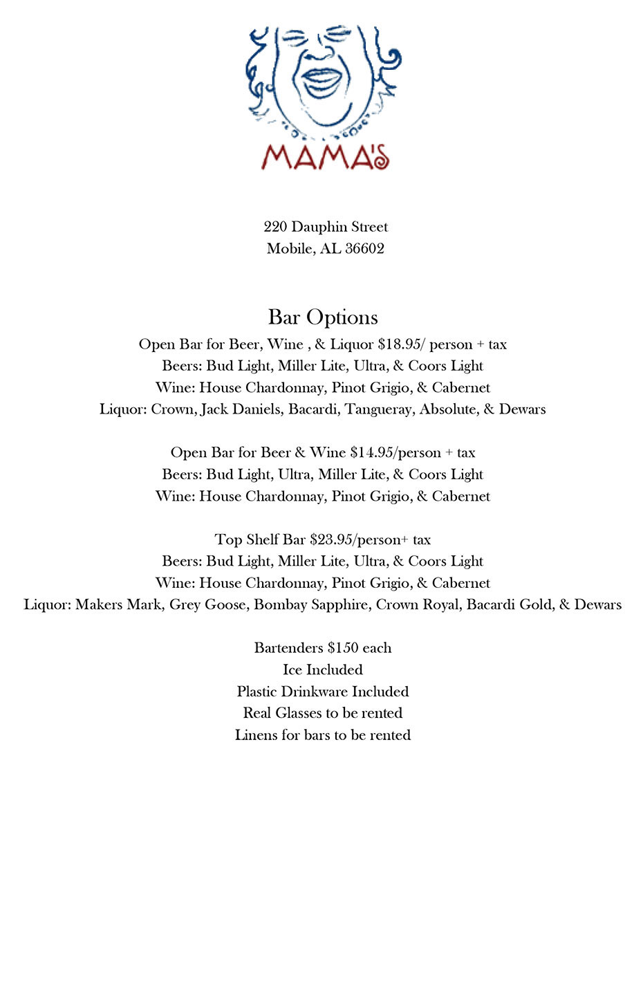 Bar Pricing Menu